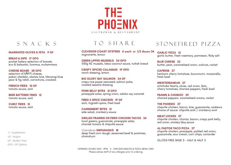 MENUs The Phoenix Tauranga